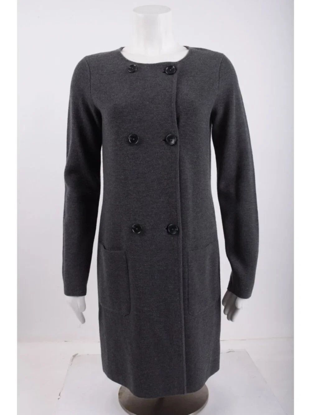 Talbots Womens Long Sweater Coat XS Gray Knit Merino Wool Double Breasted NWot